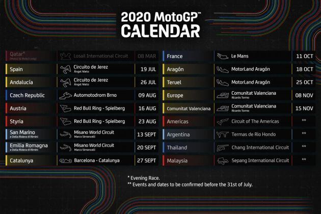 El calendario de Moto GP de 2020 (Sobre los circuitos sin fecha asignada se informará antes del 31 de julio)