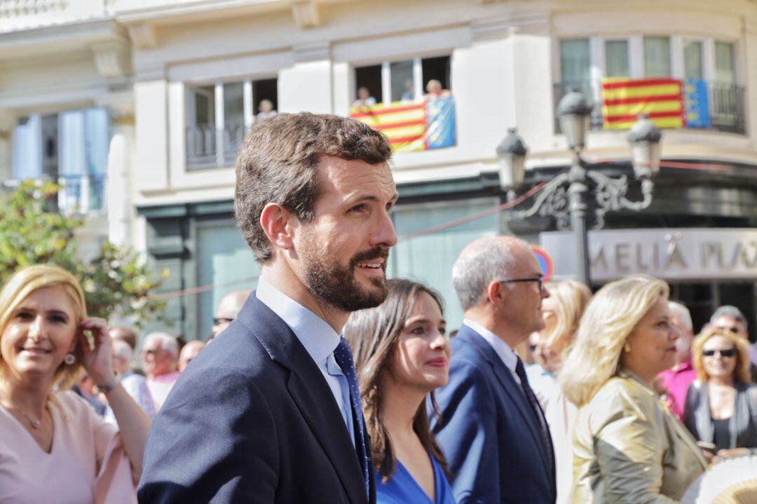 El presidente del Partido Popular, Pablo Casado asiste a la bajada de la Real Senyera y Procesión Cívica en conmemoración de la entrada del Rey Jaume I a Valencia, en Valencia, a 9 de octubre de 2019.