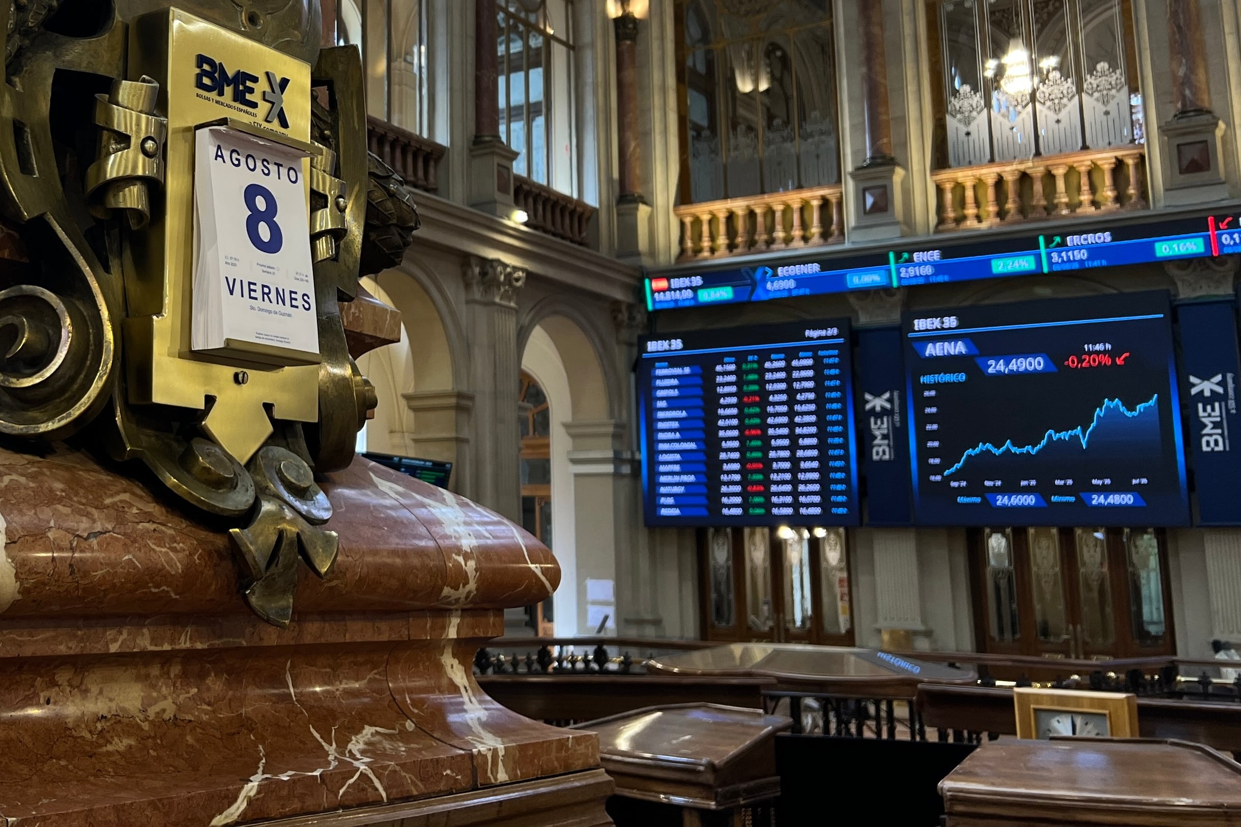 Varios paneles y monitores muestran este viernes la evolución de la Bolsa española.