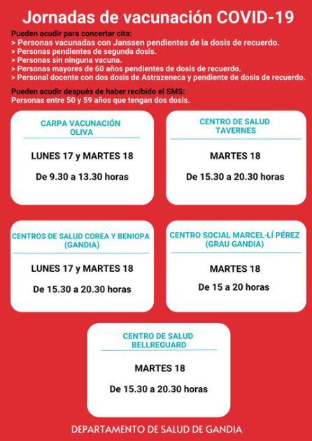 Vacunación para el 17 y 18 de enero en la Safor