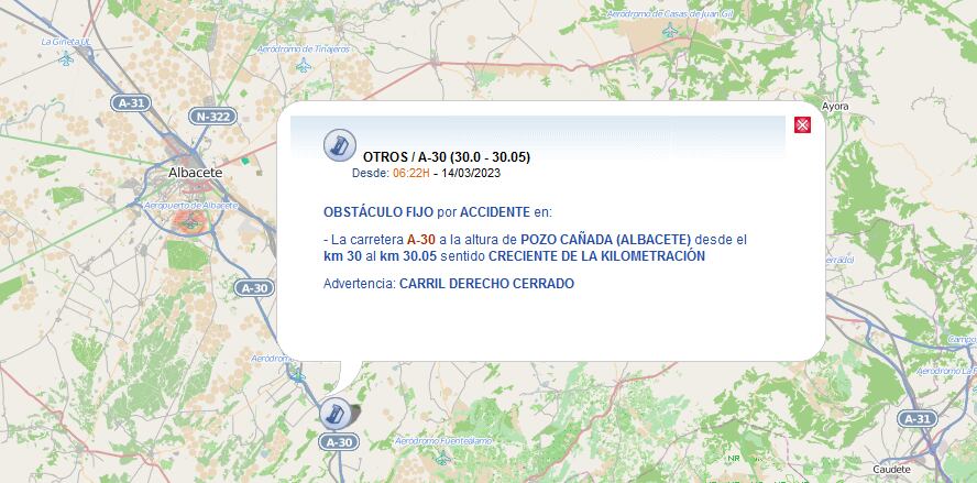 La web de la DGT informa a esta hora del corte de tráfico entre Pozo Cañada y Tobarra