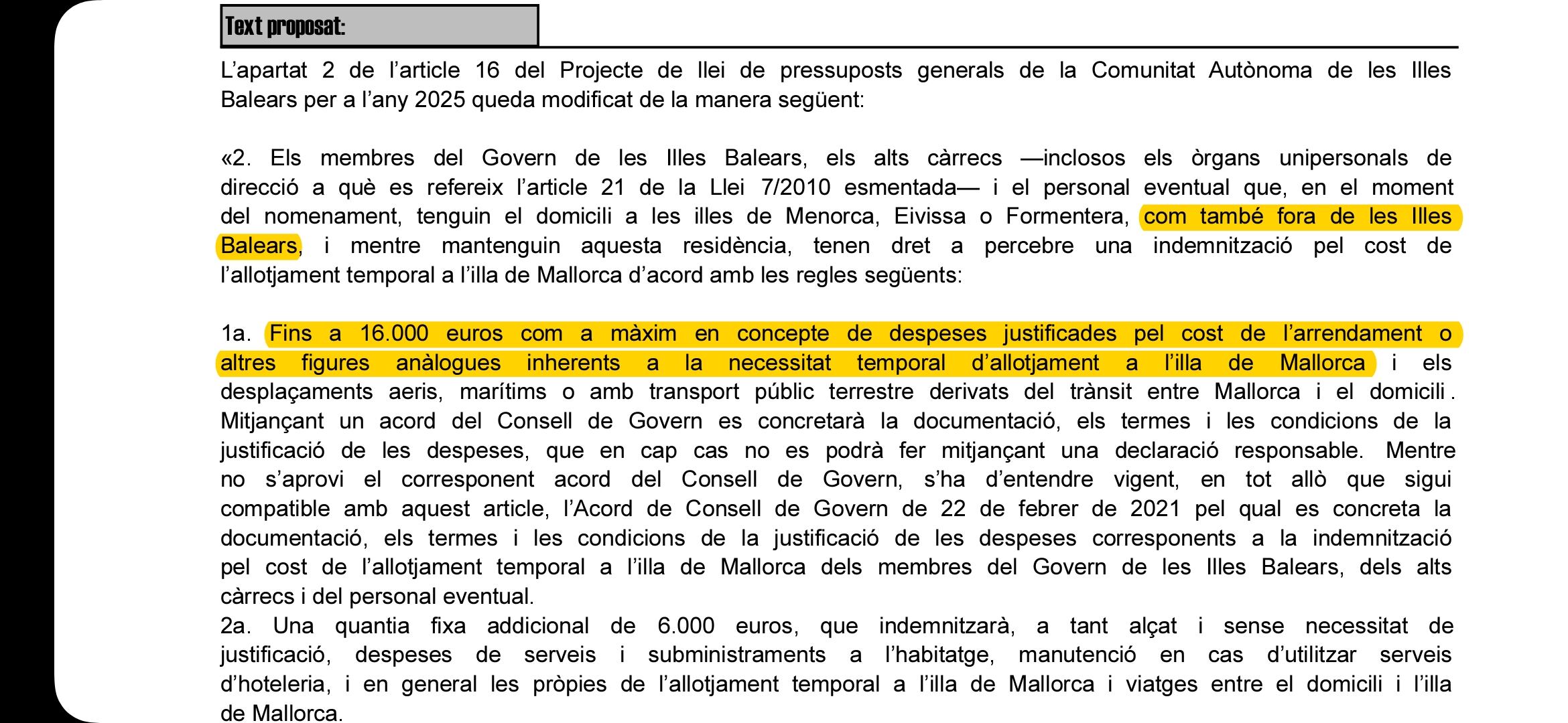 Imagen de la enmienda del PP en la que se especifica el sobresueldo para los altos cargos venidos de fuera de Baleares y se incrementa hasta 16.000 euros el plus para alojamiento.