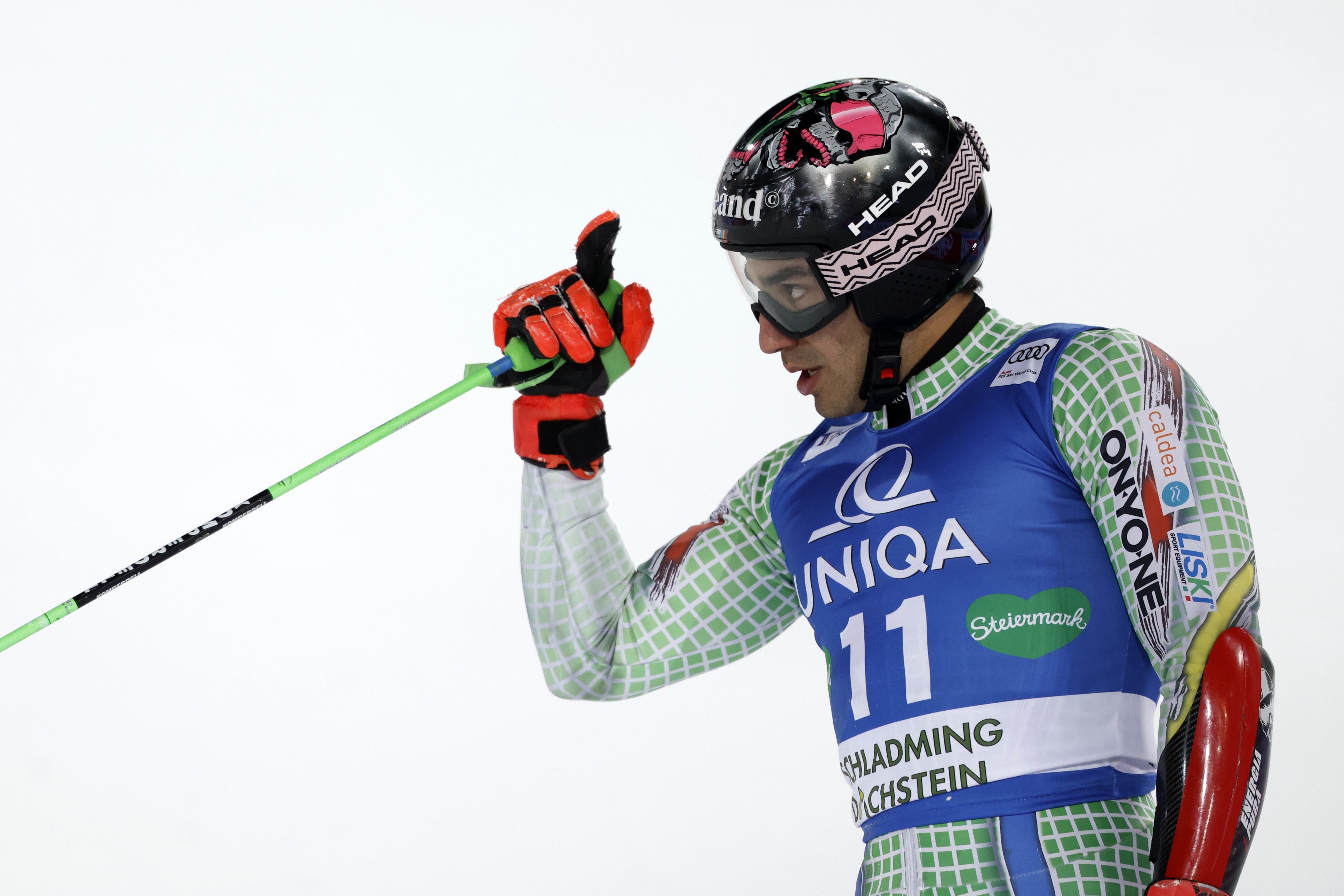 Joan Verdú, celebra el resultat de la segona mànega durant l'Audi FIS Alpine Ski World Cup a Schladming, Austria.