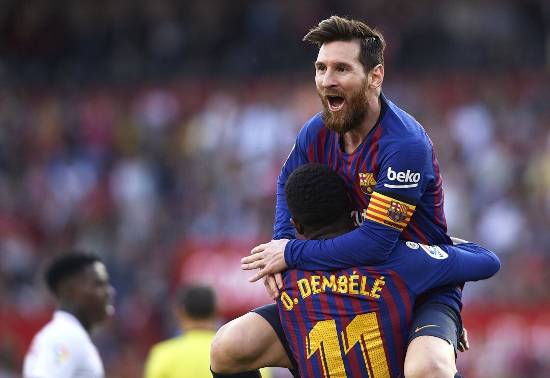 Messi celebra uno de sus goles contra el Sevilla