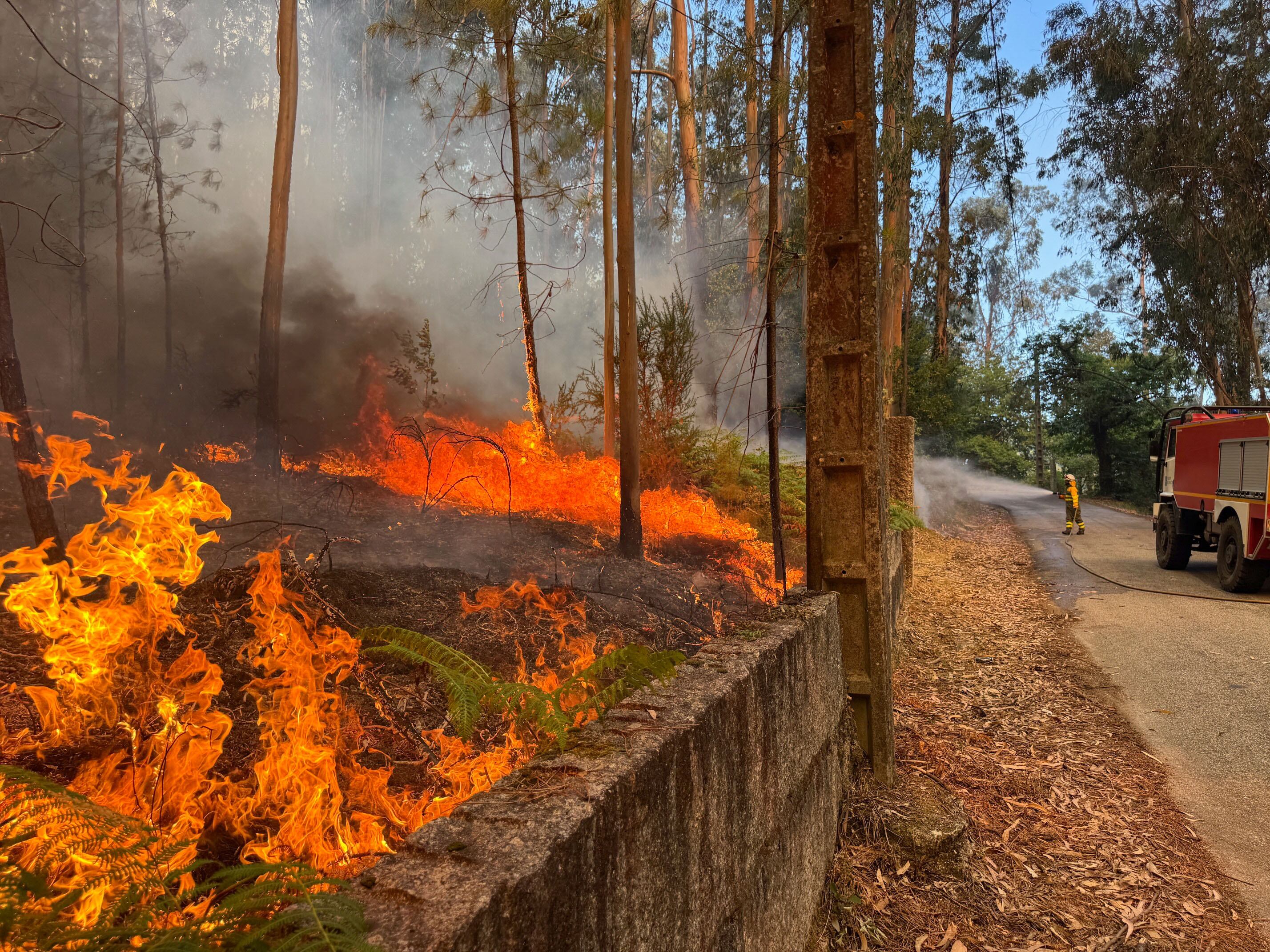 SALVATERRA DE MIÑO (PONTEVEDRA), 28/07/2025.- Un incendio forestal que se ha decretado este lunes en la parroquia de Pesqueira, en el municipio pontevedrés de Salvaterra de Miño, afecta a doce hectáreas y ha obligado a la Xunta de Galicia a activar la situación 2 de emergencia por su proximidad al núcleo de población de Castelo. EFE/ Sxenick
