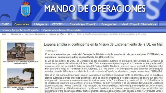 Captura de pantalla del anuncio del Mando de Operaciones de ampliar el contingente de Malí