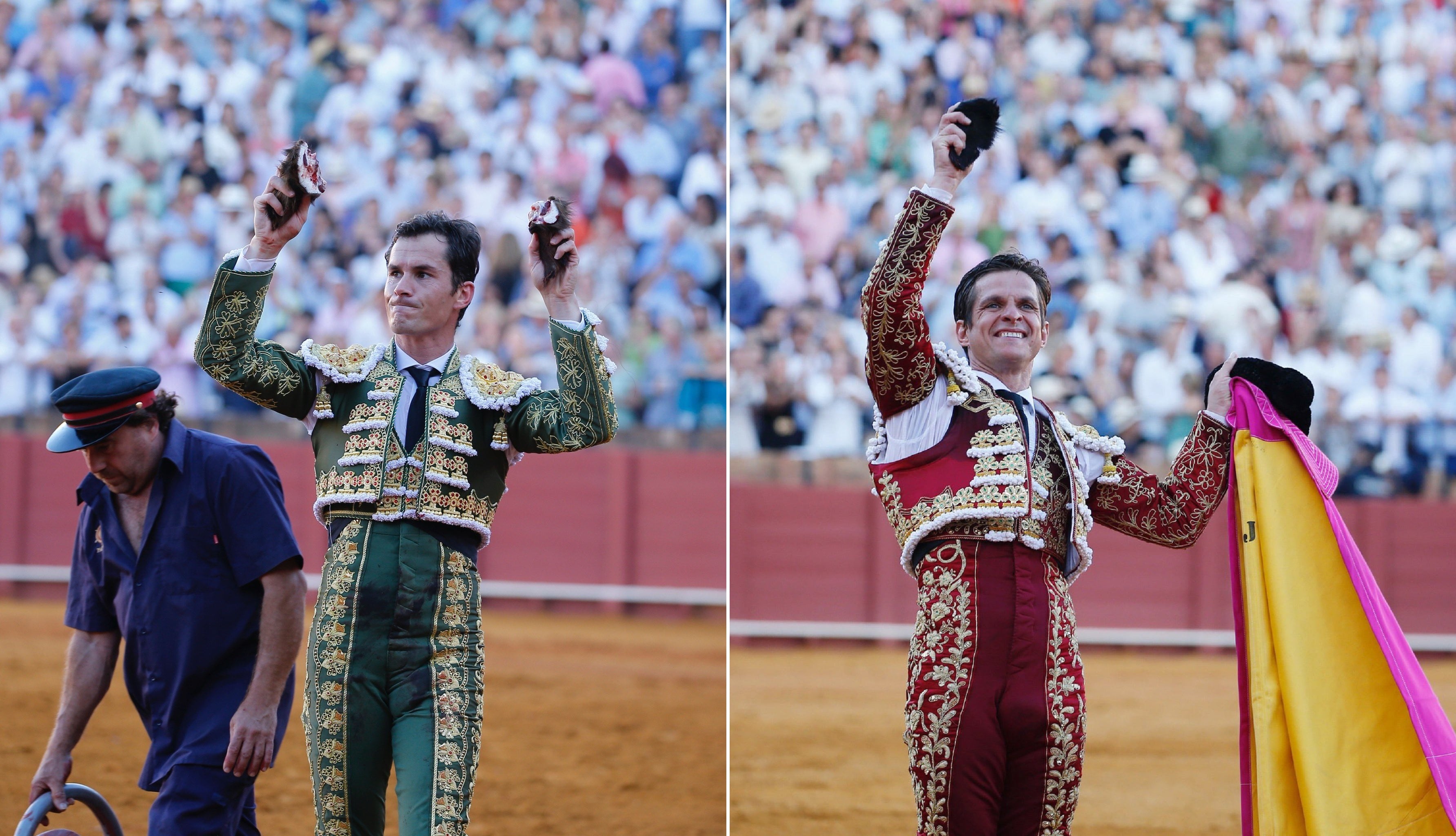 Luque y El Juli brindan al respetable los trofeos que han logrado este domingo en la Maestranza