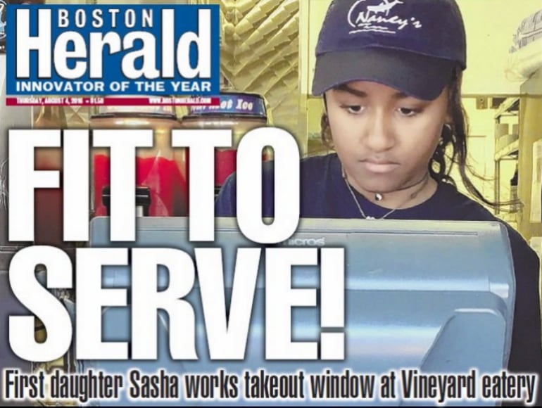 Portada de &#039;Boston Herald&#039;, donde aparece Sasha Obama en su lugar de trabajo.