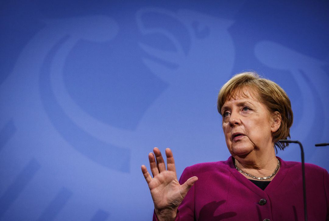 25 March 2021, Berlin: German Chancellor Angela Merkel gives a press statement after the online summit meeting of EU heads of state and government. Photo: Michael Kappeler