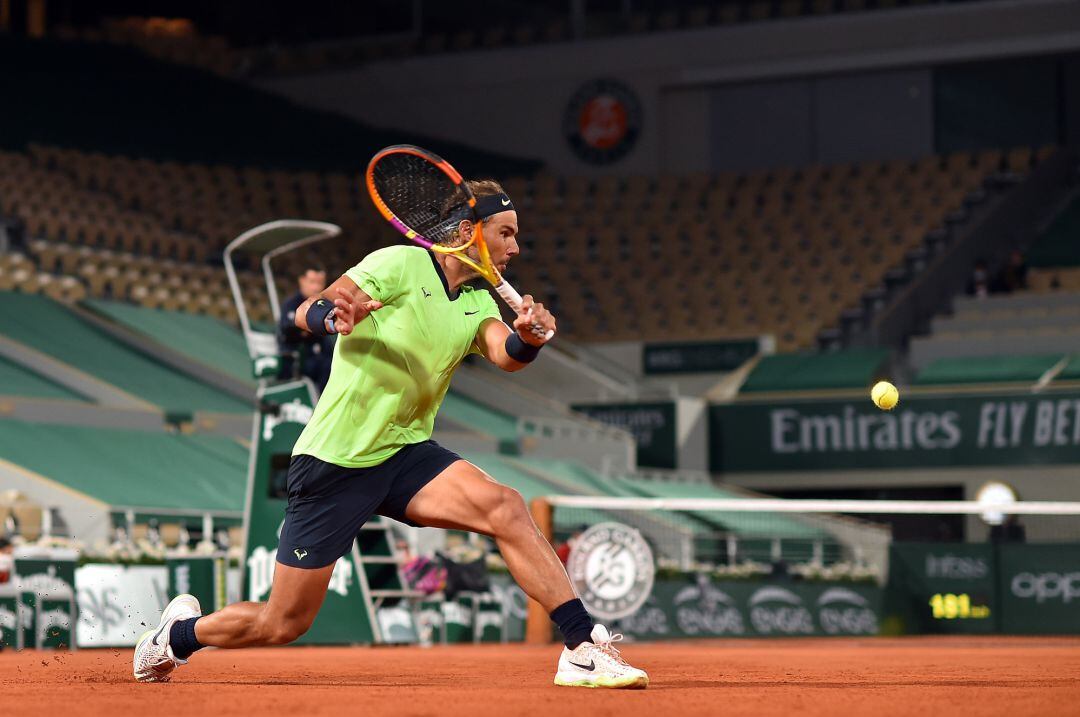 .PARIS, FRANCE - JUNE 03: Rafael Nadal of Spain plays a backhand during his mens second round match against Richard Gasquet of France during day five of the 2021 French Open at Roland Garros on June 03, 2021 in Paris, France. (Photo by Aurelien Meunier/Ge