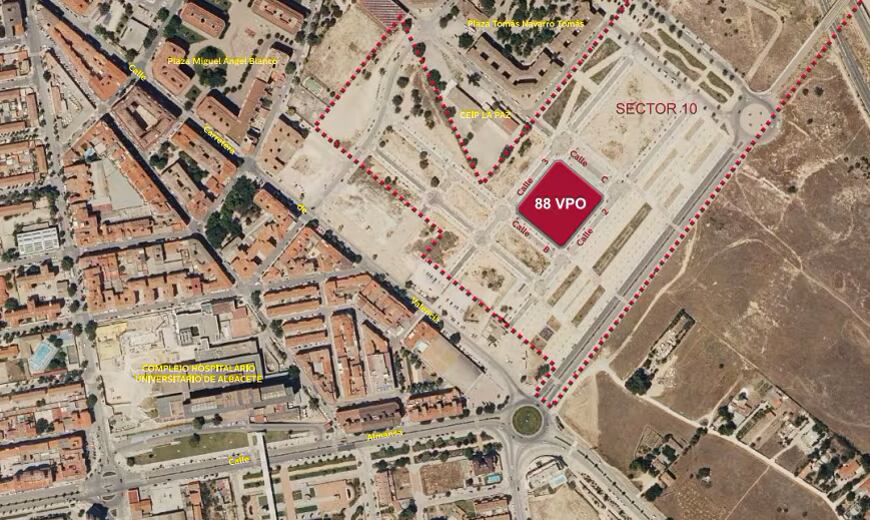 Promoción de 88 viviendas en la manzana delimitada por las Calles San Vicente de Paul, Juan Pacheco, Hipatia de Alejandría y María Pita del Sector 10 de Albacete