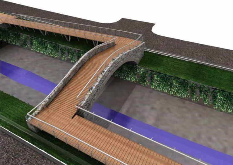 Muntatge virtual de la futura passera amb les pedres de l'antic Pont del Dimoni