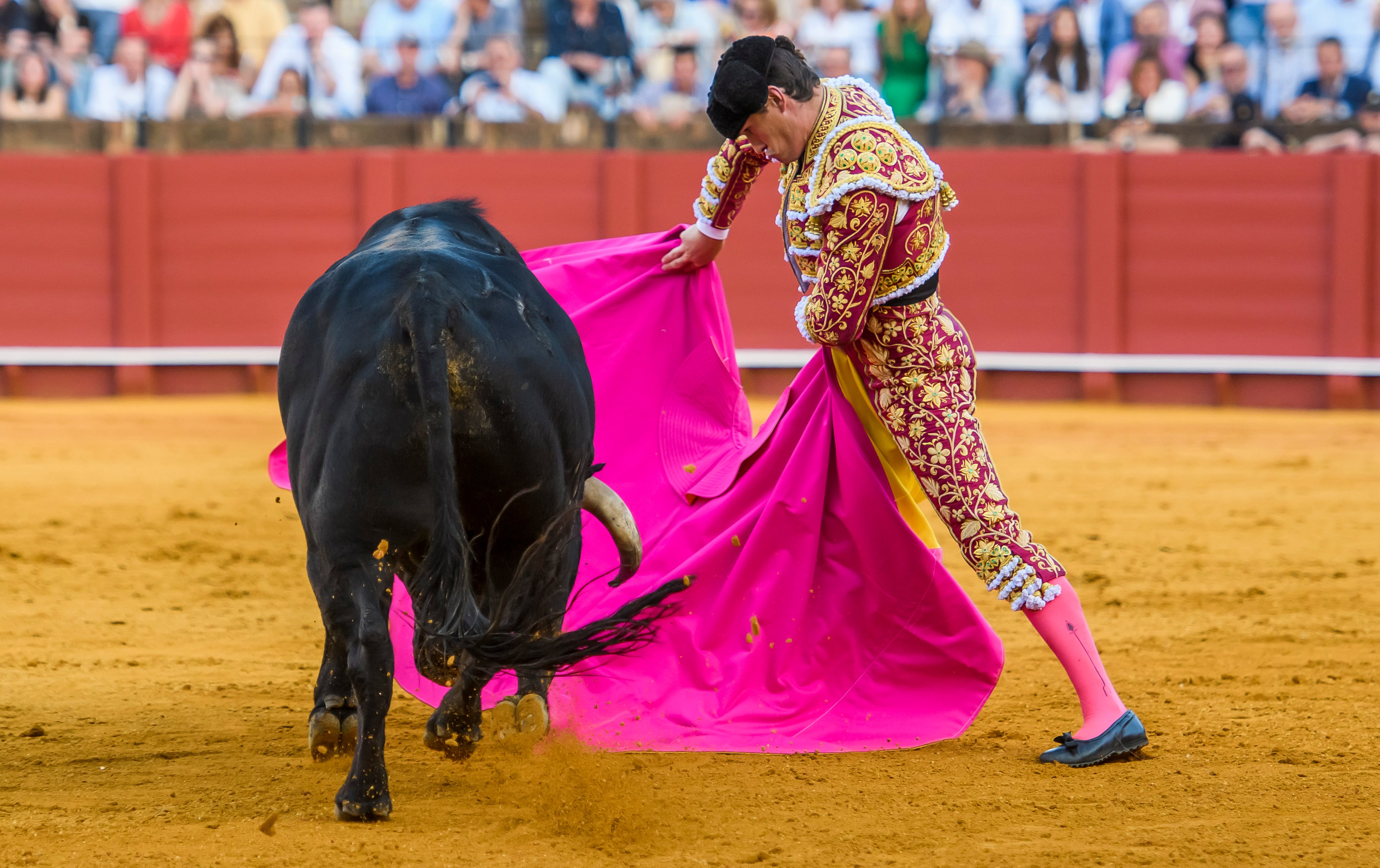 SEVILLA, 20/04/2023.- El diestro Daniel Luque con su segundo toro, esta tarde, al que ha cortado dos orejas, en la Real Maestranza de Sevilla. EFE/ Raúl Caro
