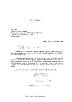 Carta de la presidenta autonómica Cristina Cifuentes a las reclamaciones de los vecinos de Villaverde