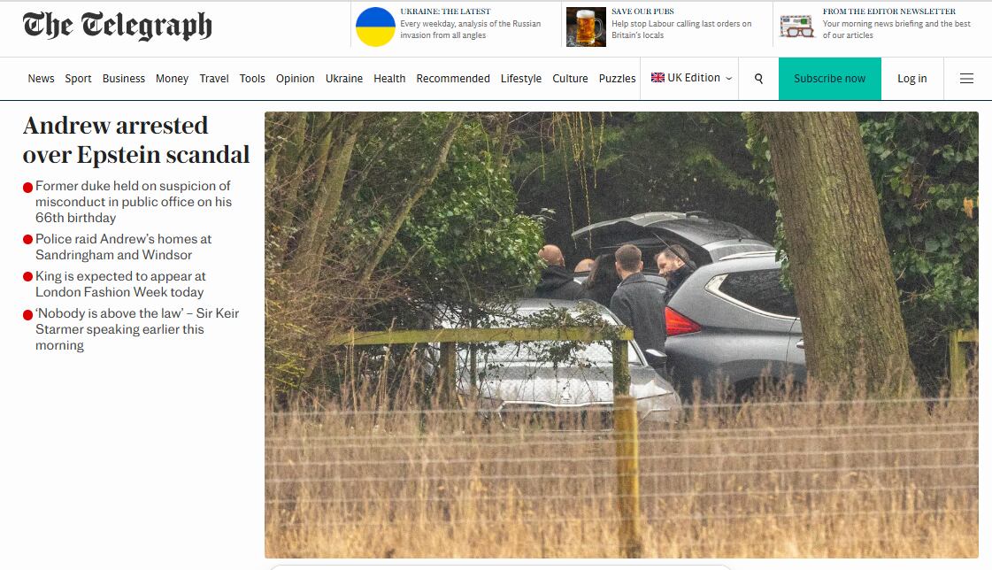 El 'Daily Telegraph' informa de la detención del expríncipe Andrés