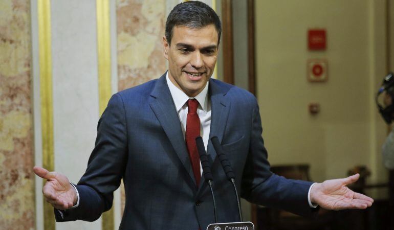 GRA272. MADRID, 12/11/2014.- El secretario general del PSOE, Pedro Sánchez, durante la rueda de prensa ofrecida hoy en el Congreso de los Diputados. Sánchez ha considerado hoy "decepcionante" que el jefe del Gobierno, Mariano Rajoy, siga sin aportar una s
