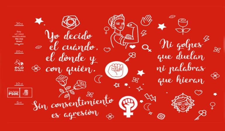 Motivos de los vasos reutilizables que los socilistas regalan en su caseta del recinto ferial