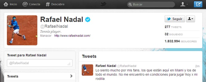 Rafa Nadal anunció su lesión a través de cuenta de Twitter