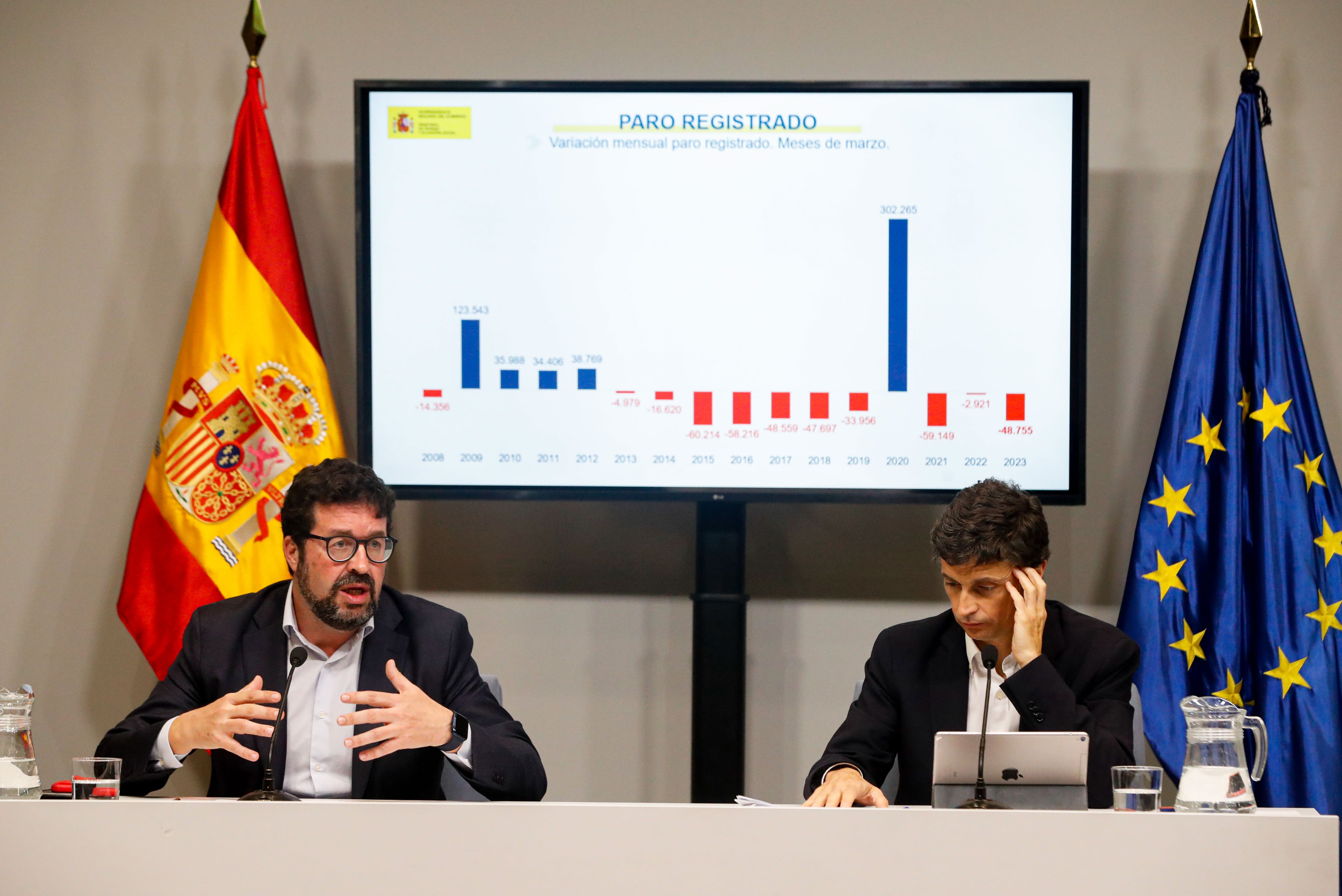 MADRID, 04/04/2023.- Los secretarios de Estado de Empleo y Economía Social, Joaquín Pérez Rey (i), y de Seguridad Social y Pensiones, Borja Suárez (d), presentan, respectivamente, los datos de paro registrado y de afiliación a la Seguridad Social correspondientes al mes de marzo. EFE/Eduardo Oyana