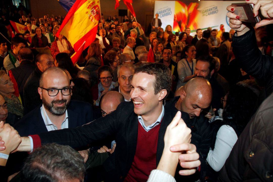 El presidente del PP, Pablo Casado, durante el acto de cierre de campaña de las elecciones andaluzas en Córdoba. 