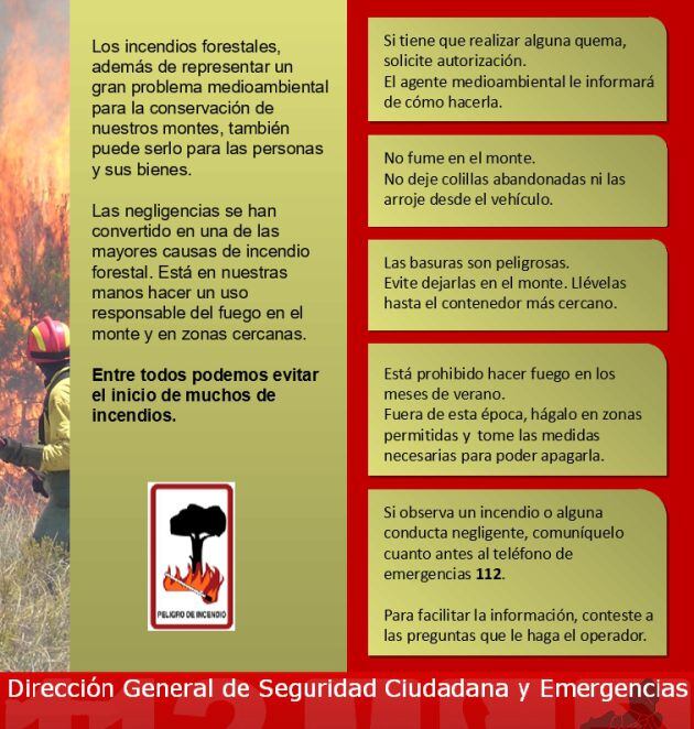 Díptico con consejos y recomendaciones de la Dirección General de Seguridad Ciudadana y Emergencias para evitar incendios