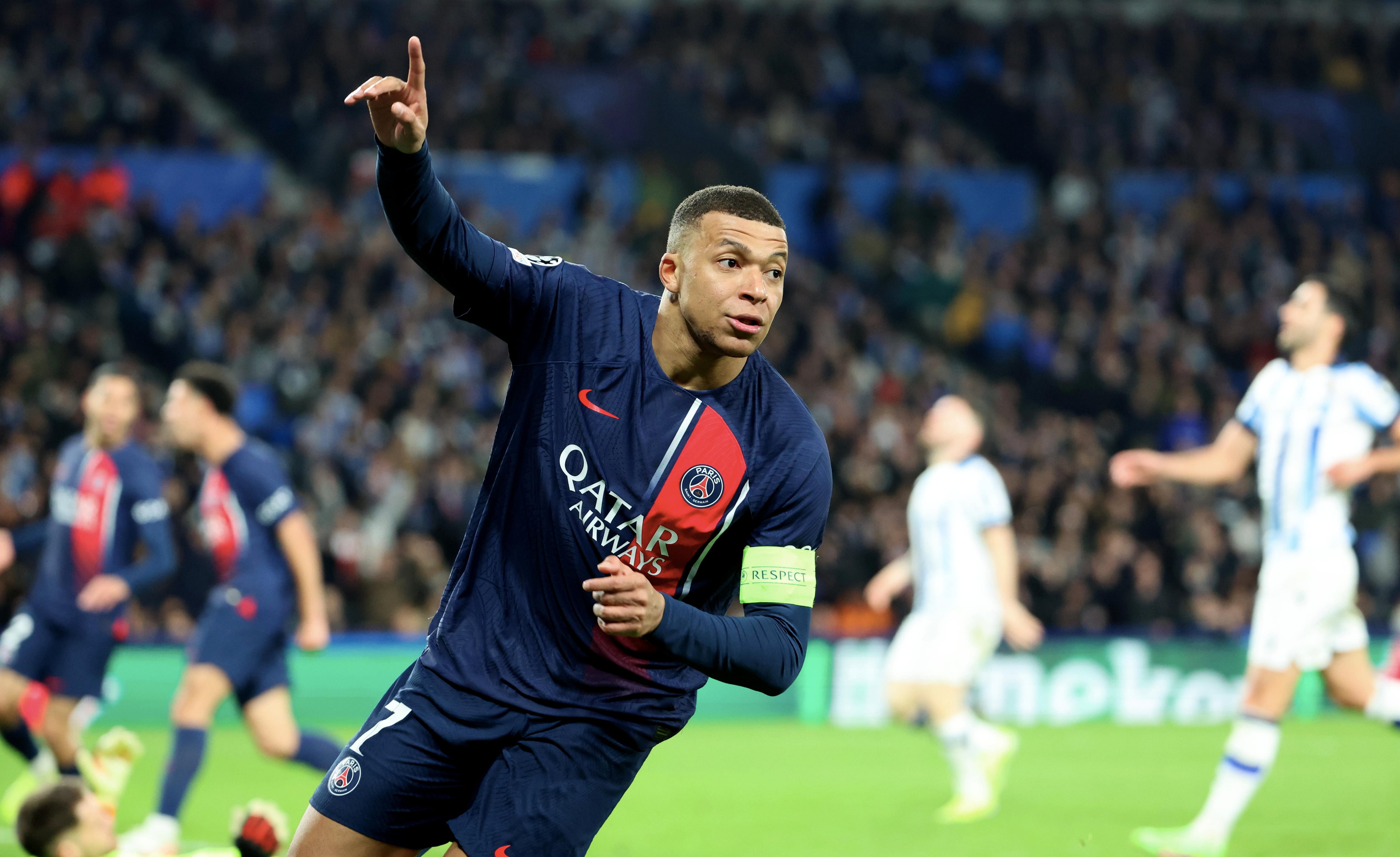 Kylian Mbappé celebra un gol frente a la Real Sociedad en la Champions League 2023/24