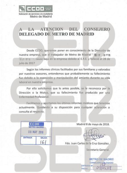 Escrito de Comisiones Obreras a la dirección de Metro de Madrid para que reconoza el caso como Enfermedad Profesional.