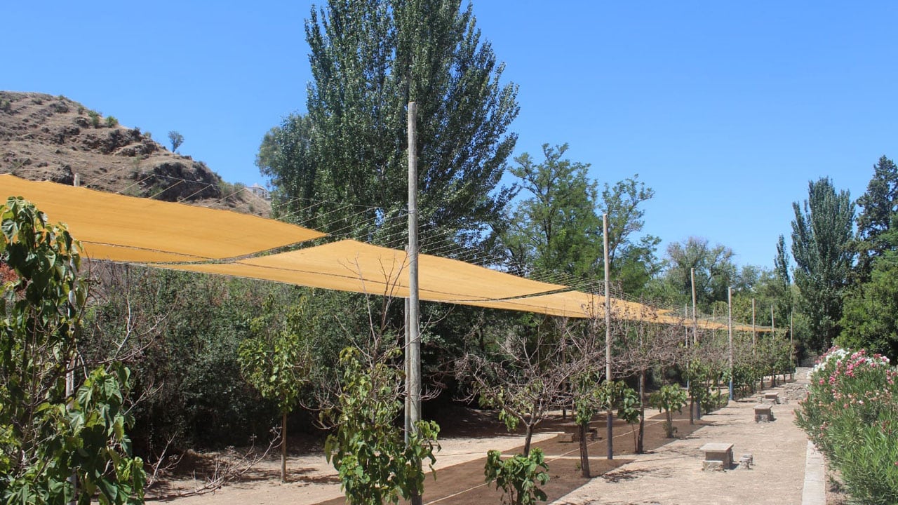 Toldos instalados en la finca de El Plantel, en Pinos Puente (Granada), donde se celebra la Romería de la Feria