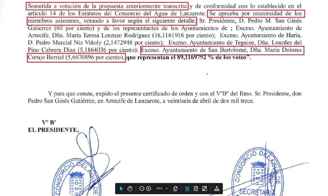 Parte del acta de la votación a favor de adjudicar a Canal Gestión el Ciclo Integral del Agua de Lanzarote.