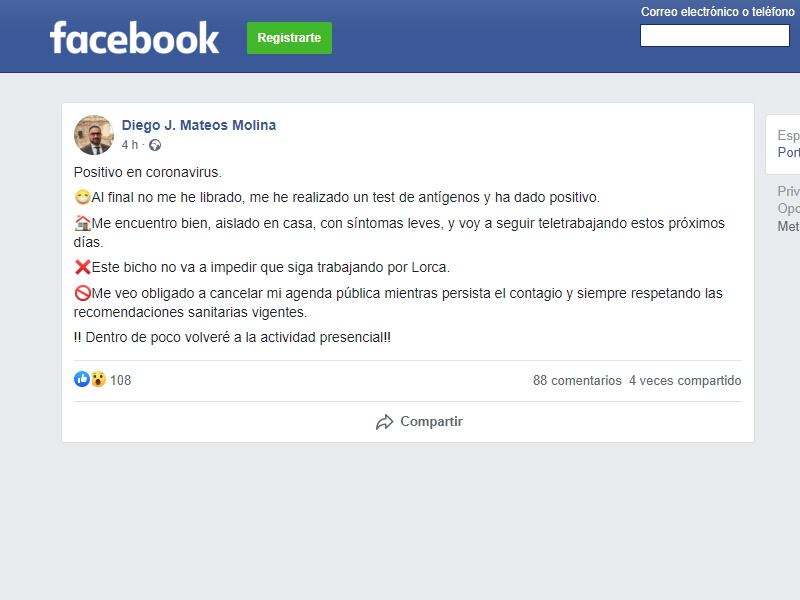 El alcalde de Lorca ha comunicado su positivo por Covid en sus redes sociales