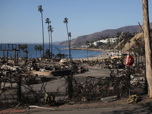 Fotografía de un barrio destruido por el incendio forestal de Palisades en el barrio de Pacific Palisades de Los Ángeles, California (EEUU)