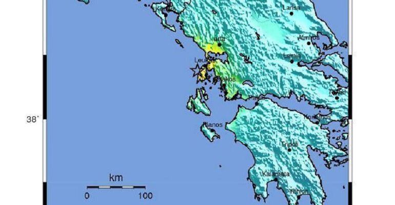Mapa facilitado por la Agencia de Supervisión Geológica de EE.UU. (USGS) que muestra la localización del terremoto de 6,1 grados en la escala de Richter que sacudió la isla griega de Lefkada, en el mar Jónico