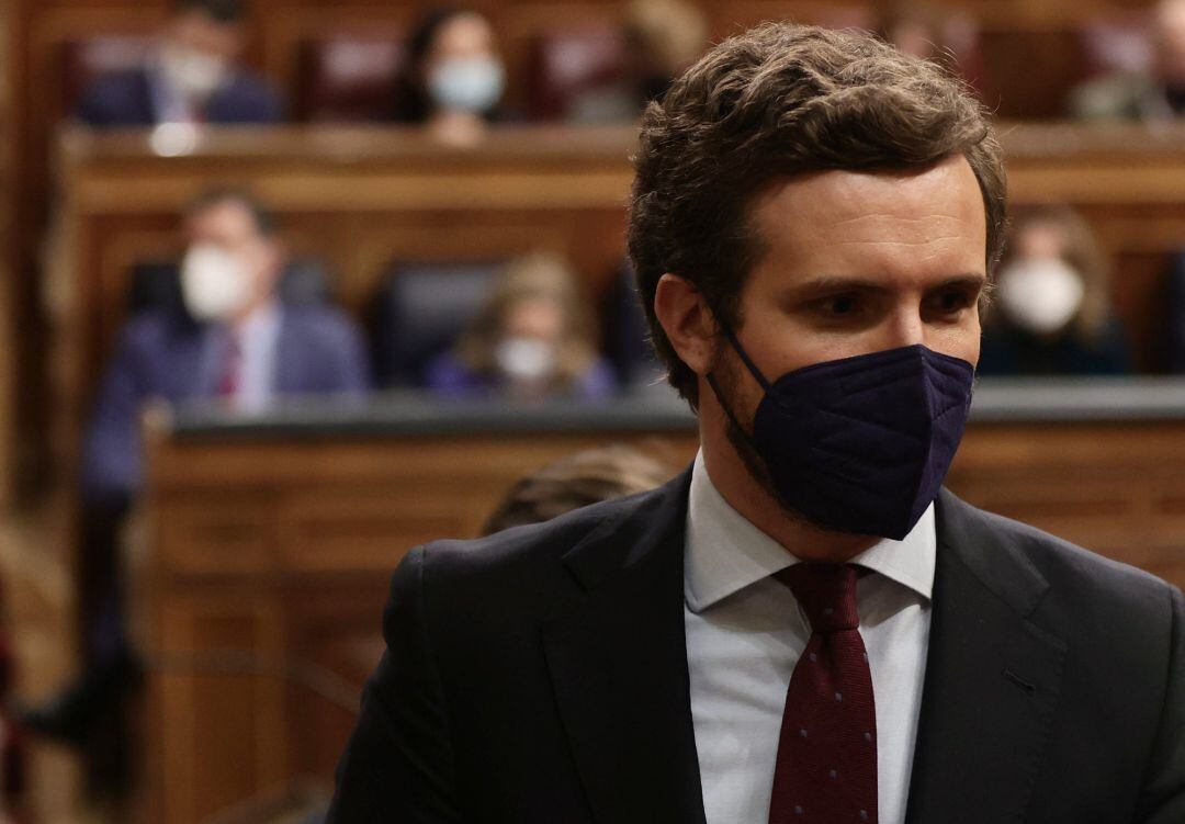 El líder del PP, Pablo Casado, en una sesión plenaria en el Congreso de los Diputados