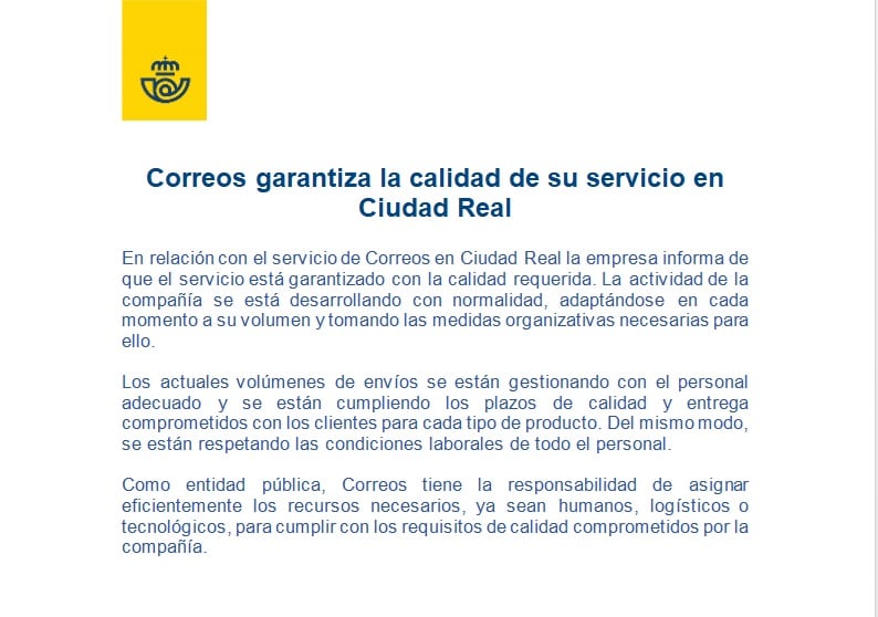 Comunicado de Correos remitido a la Cadena SER tras la sucesión de quejas