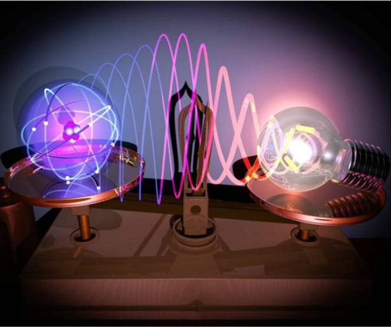 Composición que muestra la localización de la luz desde las dimensiones de una bombilla a las dimesiones atómicas, donde puede sondear la vibración de una molécula. 