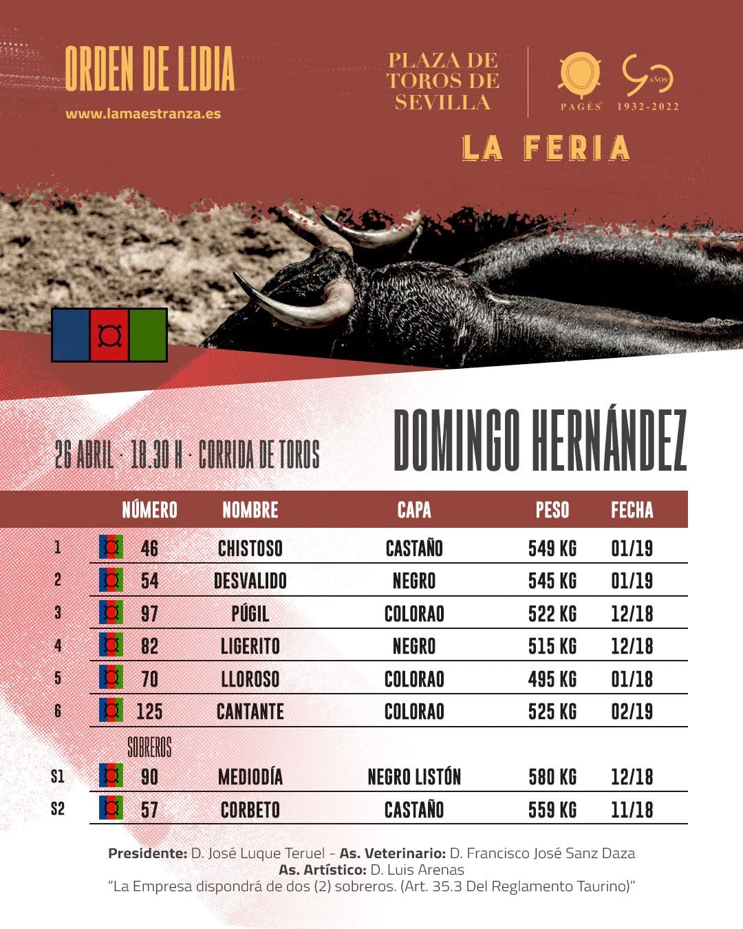 Orden de lidia de los toros de Domingo Hernández para este Miércoles de Farolillos