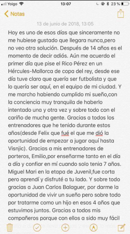 Carta de despedida de Iván Buigues