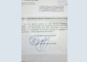 Reproducción de la carta enviada a la solicitante de una vivienda de alquiler social.