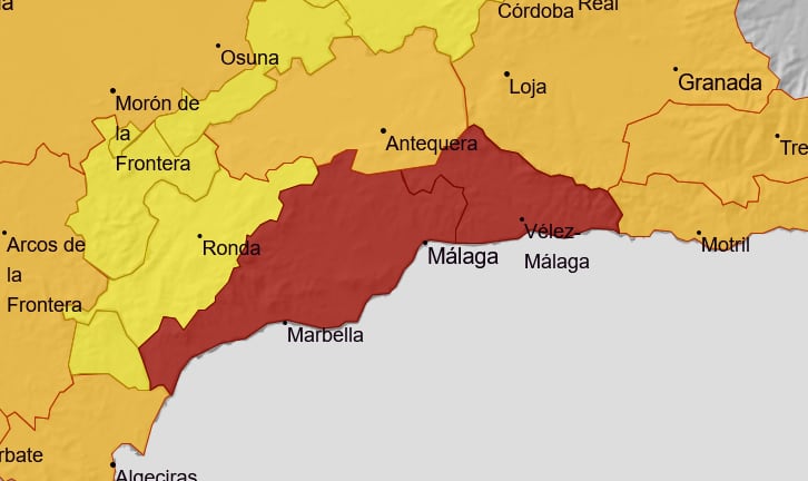 Alerta roja en Málaga hasta la 07:59 del jueves (Aemet)