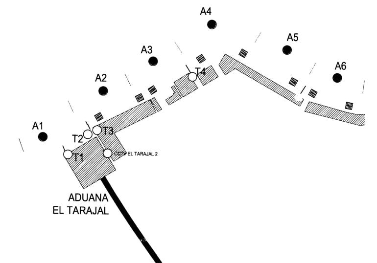 Posición de las cámaras. La CCTV El Tarajal 2 -señalada en la imagen-, con visibilidad de 360º, no funcionaba