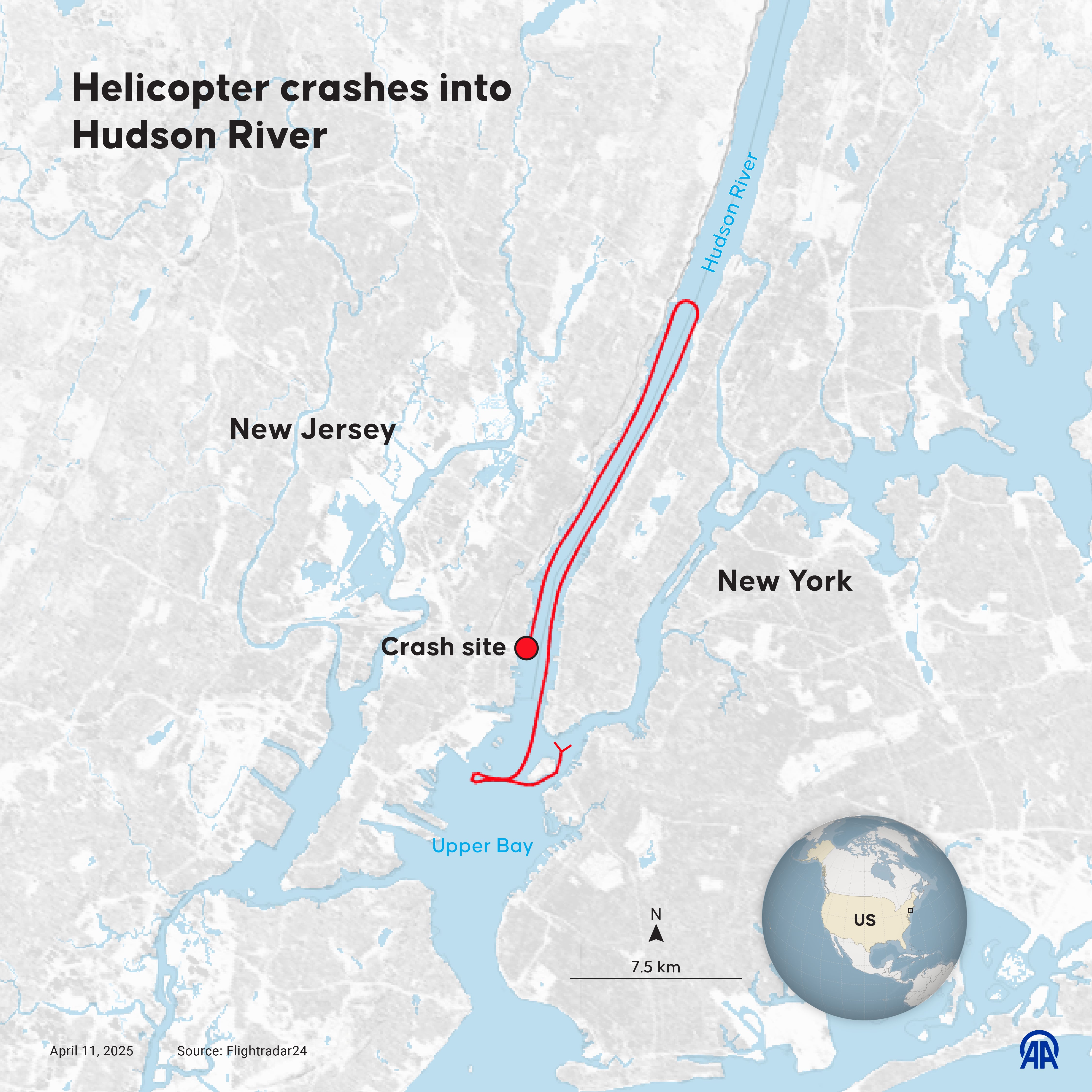 Mapa del lugar en el que ha ocurrido el accidente de helicóptero en el río Hudson de Nueva York.