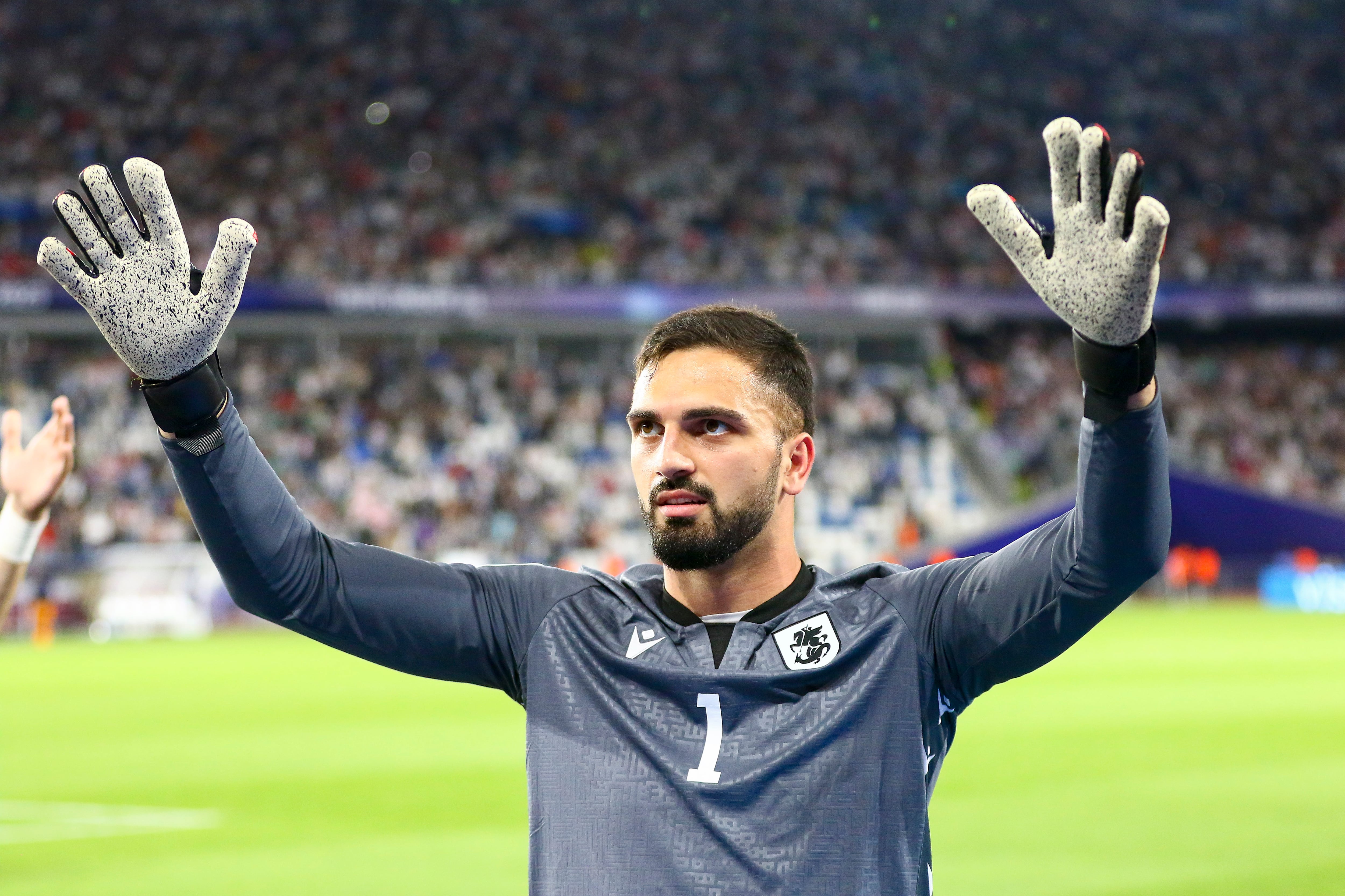 TBILISI, GEORGIA - JUNE 27: Giorgi Mamardashvili of Georgia gestures during the UEFA Under-21 Euro 2023 group A match between Netherlands and Georgia on June 27, 2023 in Tbilisi, Georgia. (Photo by Giorgi Ebanoidze/DeFodi Images via Getty Images)