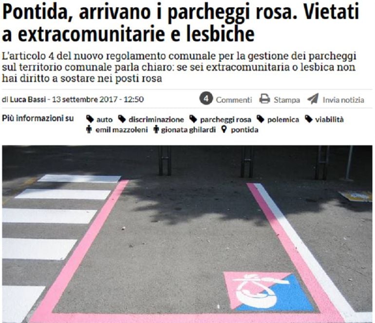 Uno de los aparacamientos reservados para mujeres embarazadas y europeas en el municipio de Pontida, en Bergamo (Italia) difundido por el portal de noticias italiano Bergamo News.