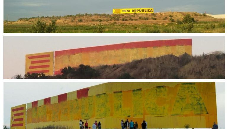 Seqüència de les imatges. Com era el mural del CDR de Bellpuig. L'estat en què va aparèixer dimecres. La repintada a posterior, el mateix dimecres, pel CDR.