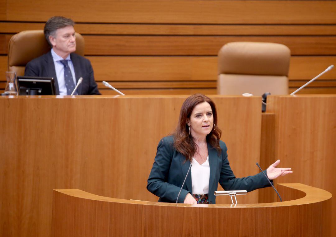 La portavoz de Ciudadanos, Carlota Amigo, durante su intervención en el Pleno de las Cortes