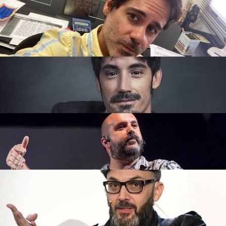 Componentes del espacio de los viernes en Hoy por hoy. De arriba a abajo: Ángel Cruz, director Filmoteca Regional; Fran Ropero, músico; Félix Albo, contador de historias, y Miguel Ángel Hernández, escritor y profesor