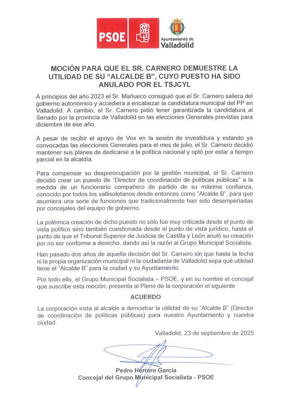 Moción del PSOE vetada por el alcalde de Valladolid, Jesús Julio Carnero