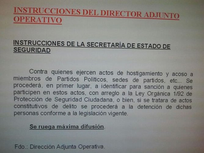 La instrucción dirigida a las comisarías de Policía Nacional por medio de la Dirección Adjunta Operativa.