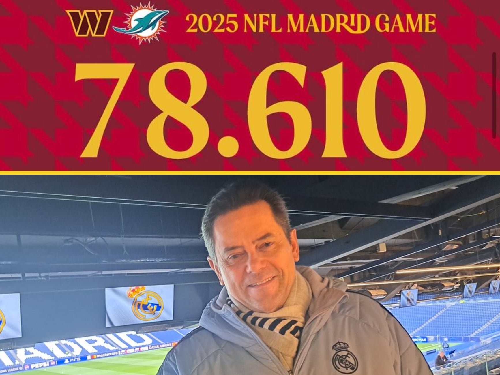 Tomás Roncero en un montaje con el número de asistentes al 'Madrid Game' en el Santiago Bernabéu