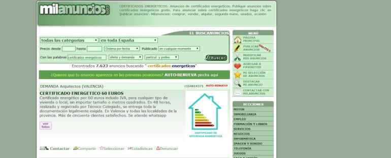 Anuncio fraudulento de certificación energética publicado en una web de anuncios.